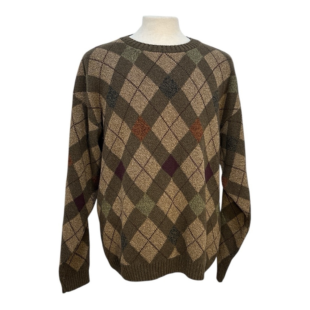 Croft & Barrow Men's Large Sweater Crew Neck Brown Tan Argyle Academia Preppy